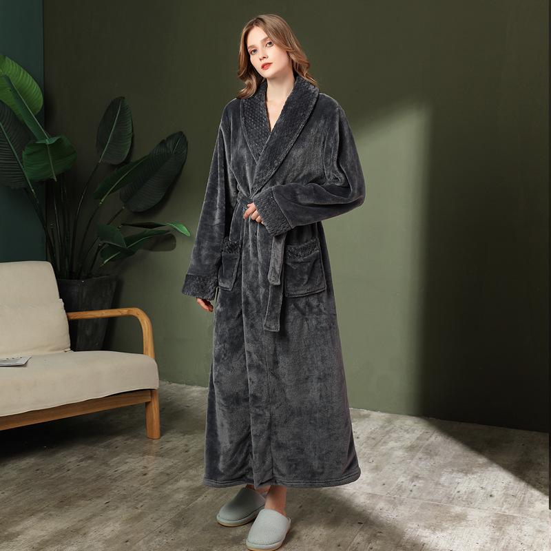 Women's & Men's Double-Sided Thick Coral Fleece Bathrobe - Long, Ankle-Length, Ideal for Autumn & Winter