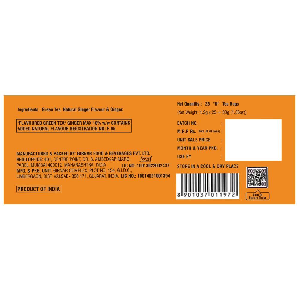 Girnar Green Tea Ginger Tea Bags 25 Count Caffeine-Free Natural Flavor Soothing Beverage