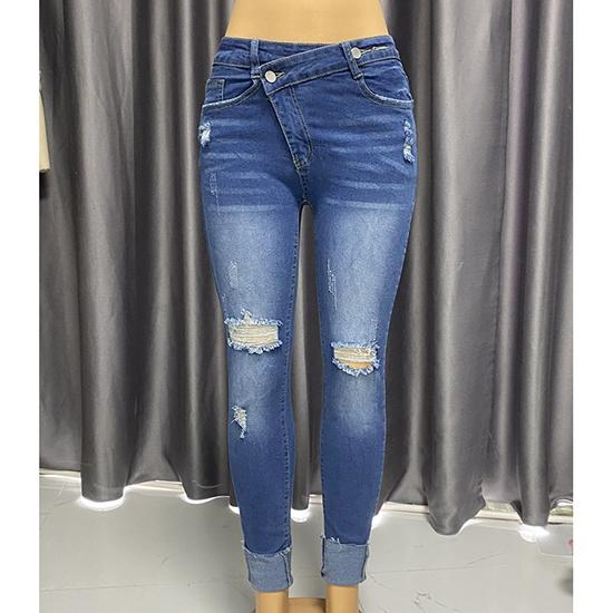 Europejskie i Amerykańskie Damskie Dżinsy z Wysokim Stanem Długie Modne Wszechstronne Spodnie z Prostą Nogawką Podarte Dżinsy Damskie Spodnie Slim Fit