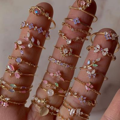 New Ins Cute Colorful Zircon Flower Ring For Women Girl Fashion Vintage Zircon Adjustable Rings Jewelry Gift