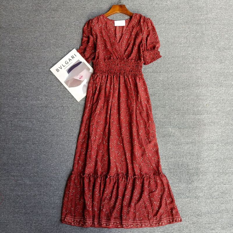 

European and American Single Lost Home Summer New High Slim Looking Elegant Floral Long Dress Pullover V-neck Dress Female 32-5 Dark safflower XS