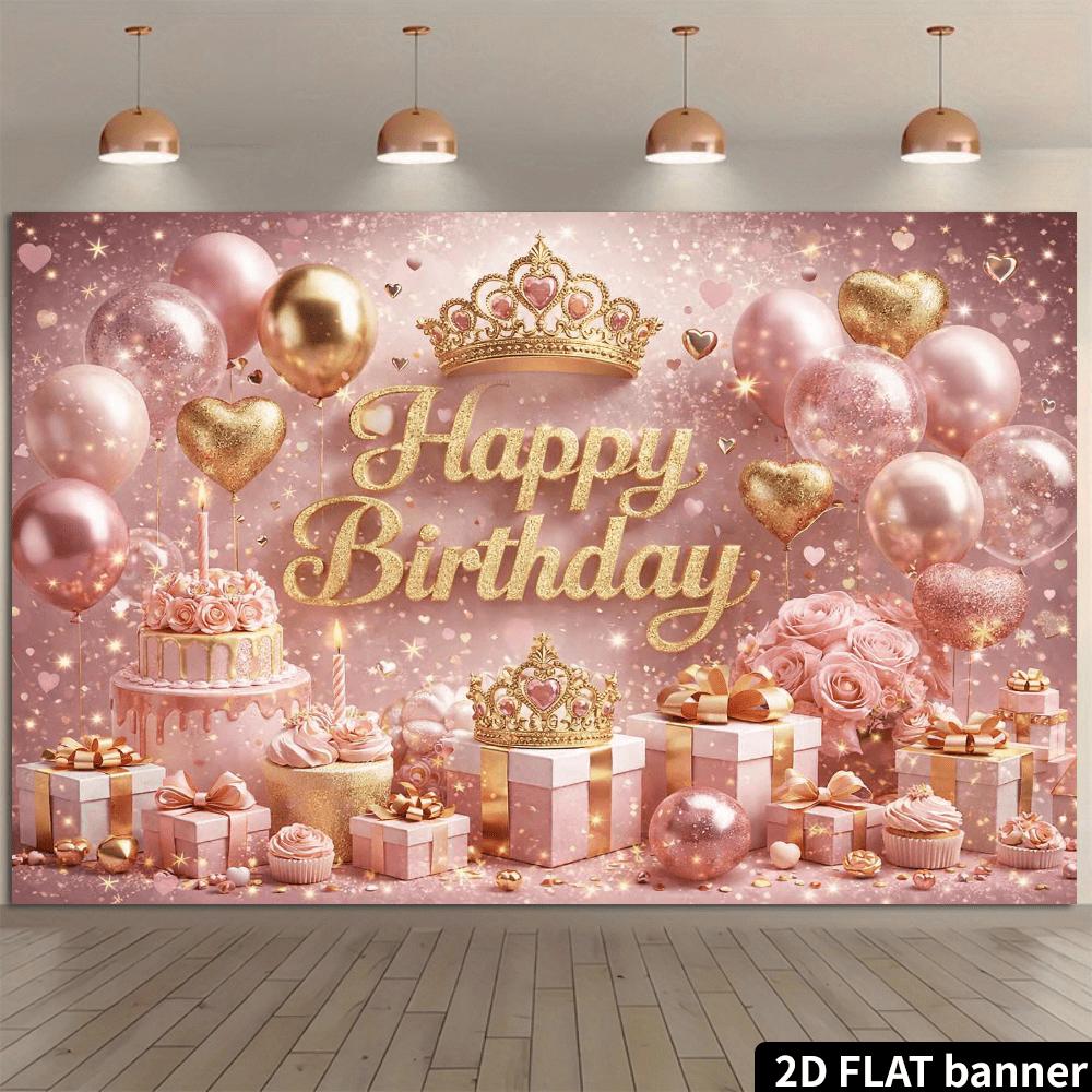 2D flat flour gold crown birthday party backdrop fabric - double crowns and multi-layer cake theme
