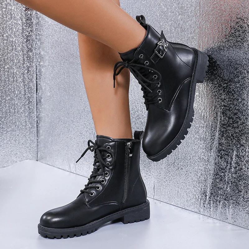 Punk Butterfly Buckle Ankle Boots Women Black Pu Leather Lace Up Motorcycle Boots Woman Non Slip Platform Combat Botas Mujer 42
