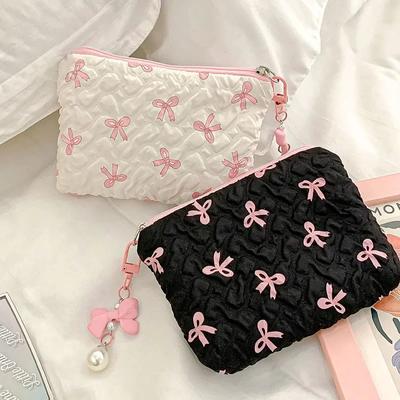 Small Hand Makeup Bag Pink Black Print Bow Women's Convenient Lipstick Card Mini Case Cosmetic Bag Sanitary Napkin Storage Bag