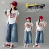 Girls' 2026 Fashionable T-shirt & Jeans Set - Slim Fit, Ripped Three-Quarter Pants, Short-Sleeved Casual Wear for Older Children