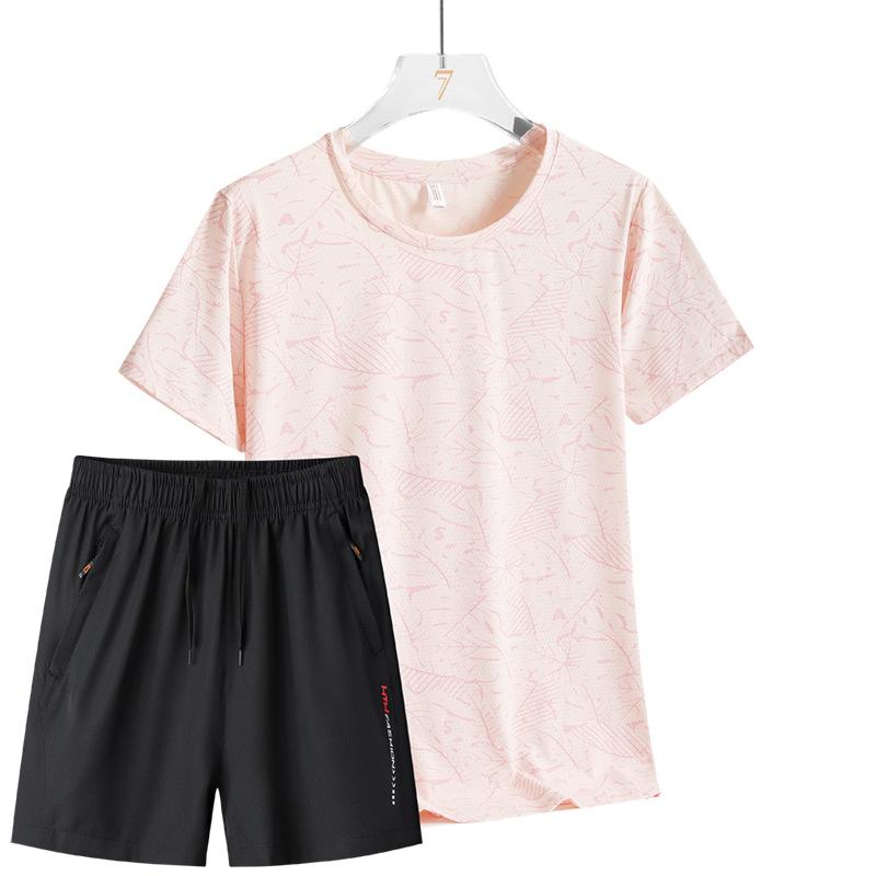 

Ice Silk Set Women s Summer Thin Running Sports Leisure Breathable Quick Drying Short Set Loose Women s Two Piece Set M рожевий
