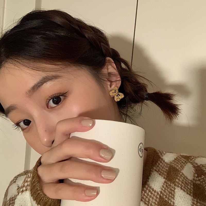 Flocking Bow Bear Stud Earrings Japanese and Korean Cartoon Girl Earrings Autumn and Winter Versatile Plush Ear Jewelry Sweet and Cool