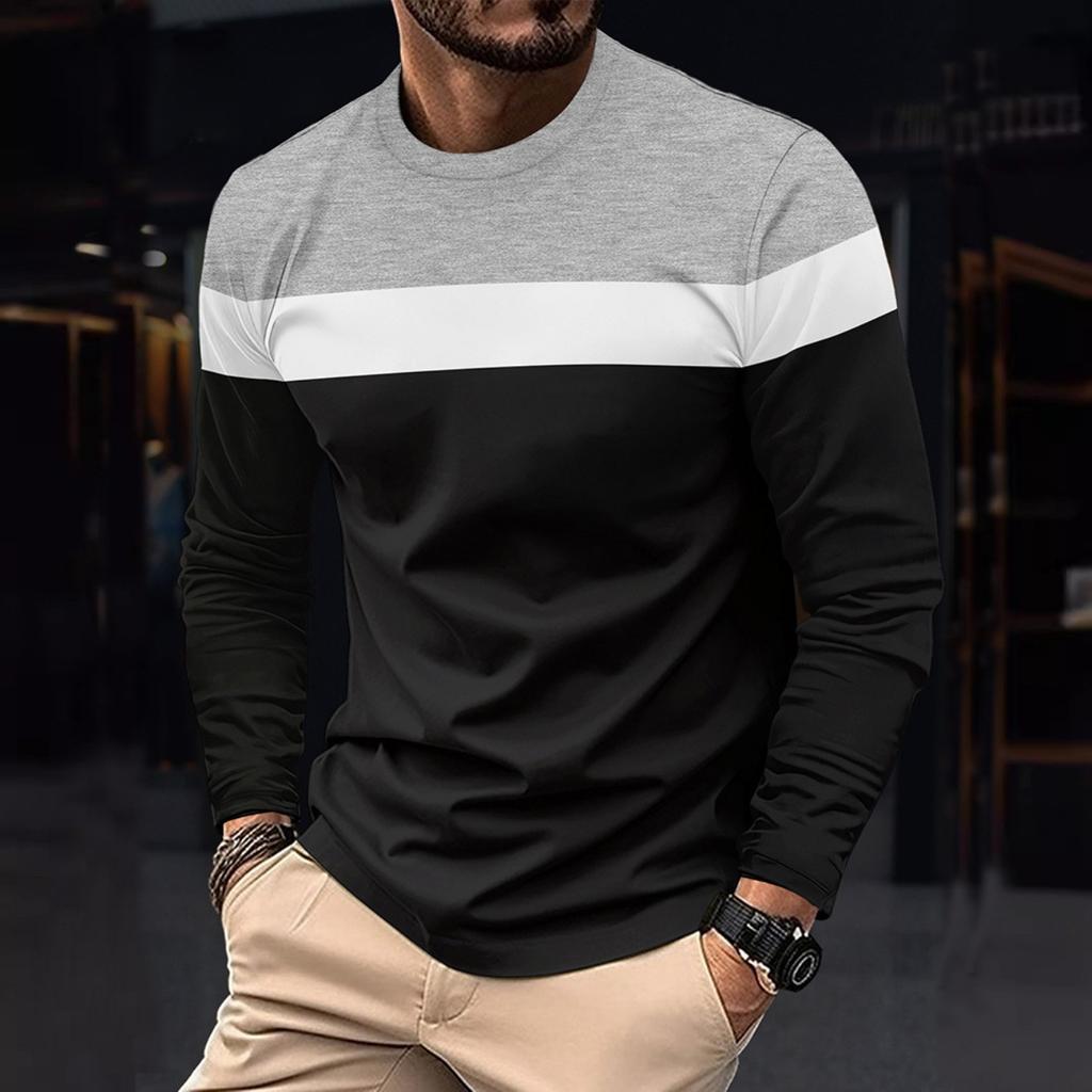 Autumn and Winter Plus Size Round Neck Long Sleeved Color Blocked Base Shirt Pullover Men's T-shirts
