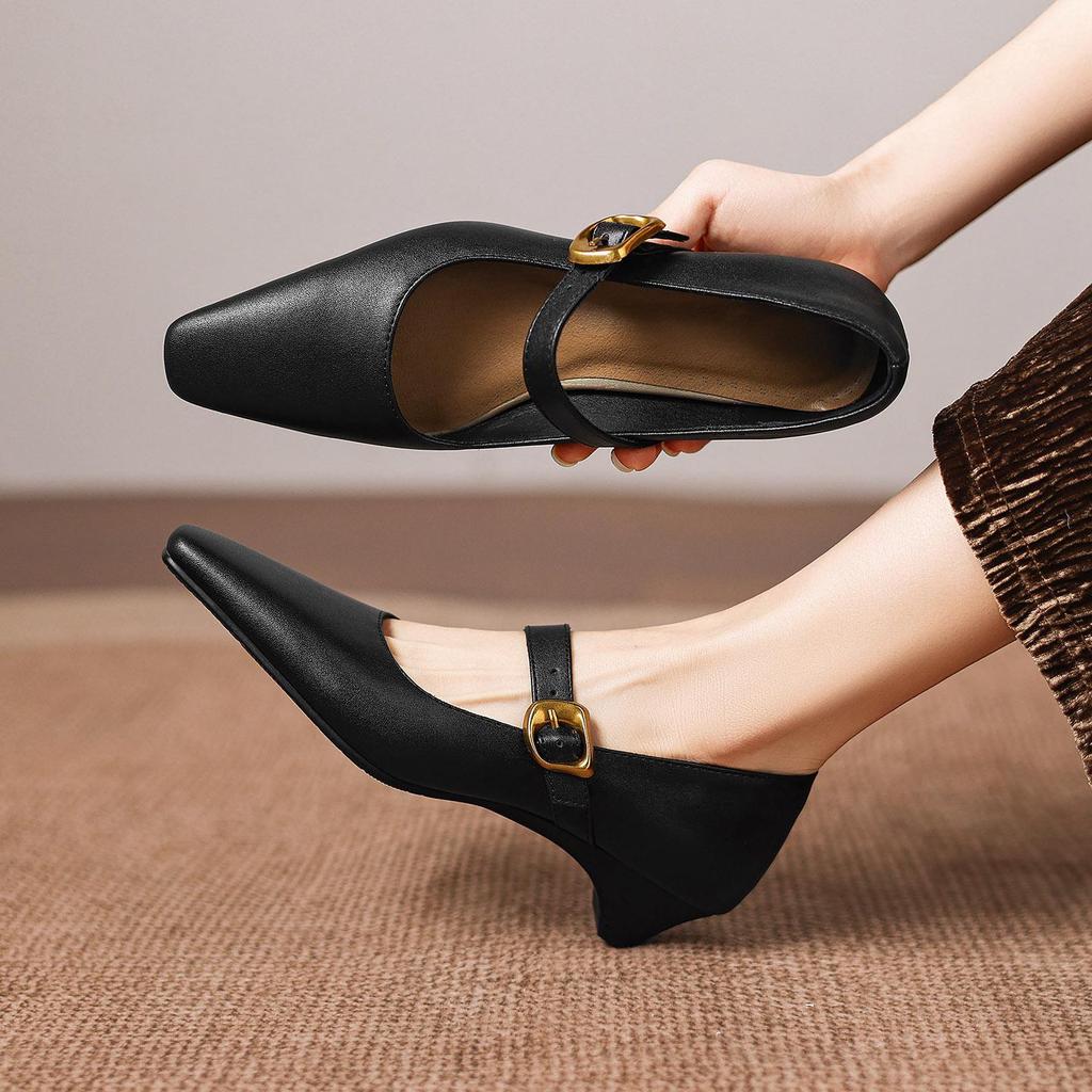 Krazing Pot Microfiber Square Toe Thick Med Heels Spring Summer Shoes Big Size 43 Metal Buckle Beauty Women Shallow Pumps