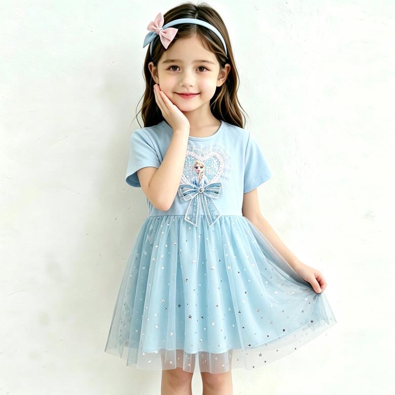 Elsa Princess Dress for Girls: 2026 Pink Frozen Star Mesh Short Sleeve Summer Dress