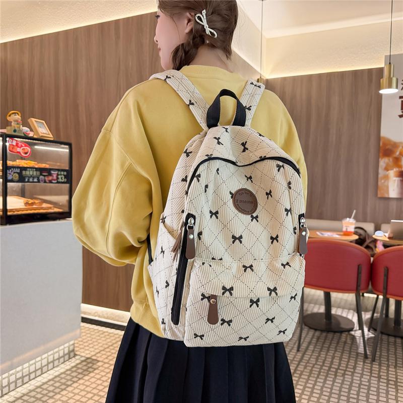 Cute Bow Print Corduroy Backpack for Women Casual Daypack Travel School Bag with Multi Pockets