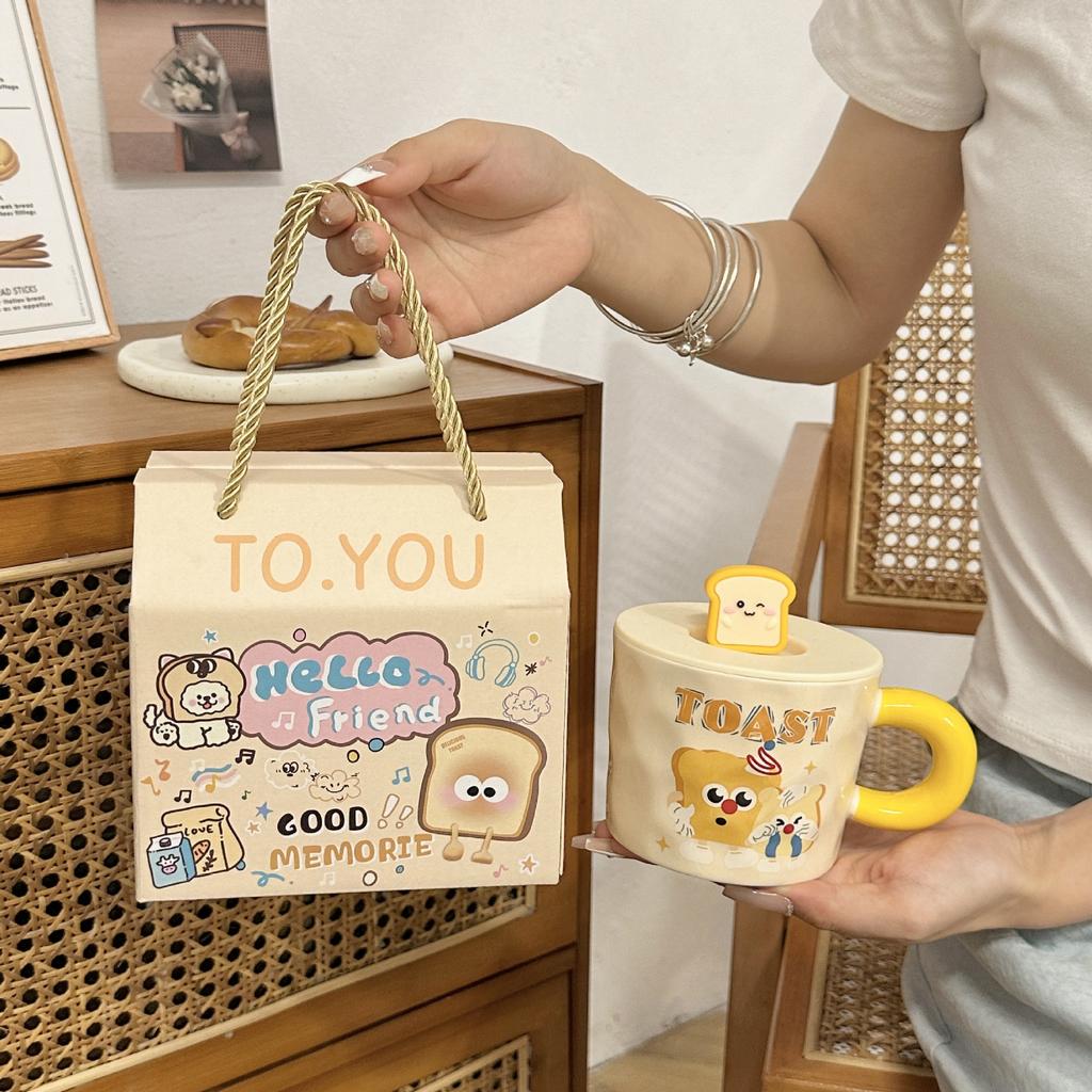 Cute Ceramic Cup Household Mug with Lid Spoon Cartoon Water Cup Female Student Dormitory Breakfast Milk Coffee Cup