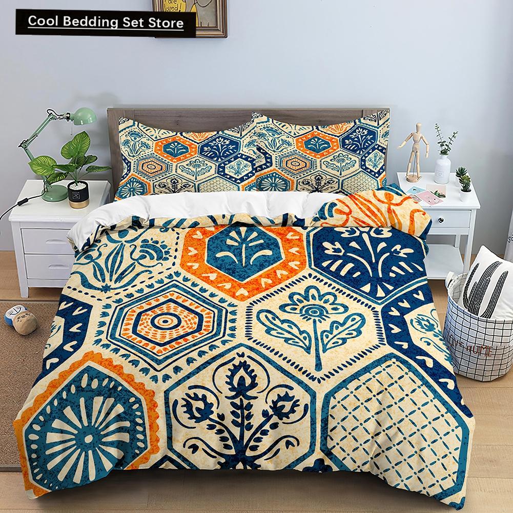 Geometric Mandala King Queen Duvet Cover Boho Ethnic Style Bedding Set for Teens Adults Mediterranean Soft Polyester Quilt Cover