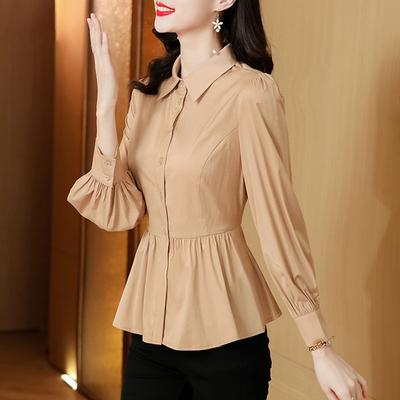 Primavera Otoño Desplazamiento Color Sólido Cintura Camisa Casual Manga Larga Ropa de Mujer Solapa Abotonadura Sencilla Blusa Básica