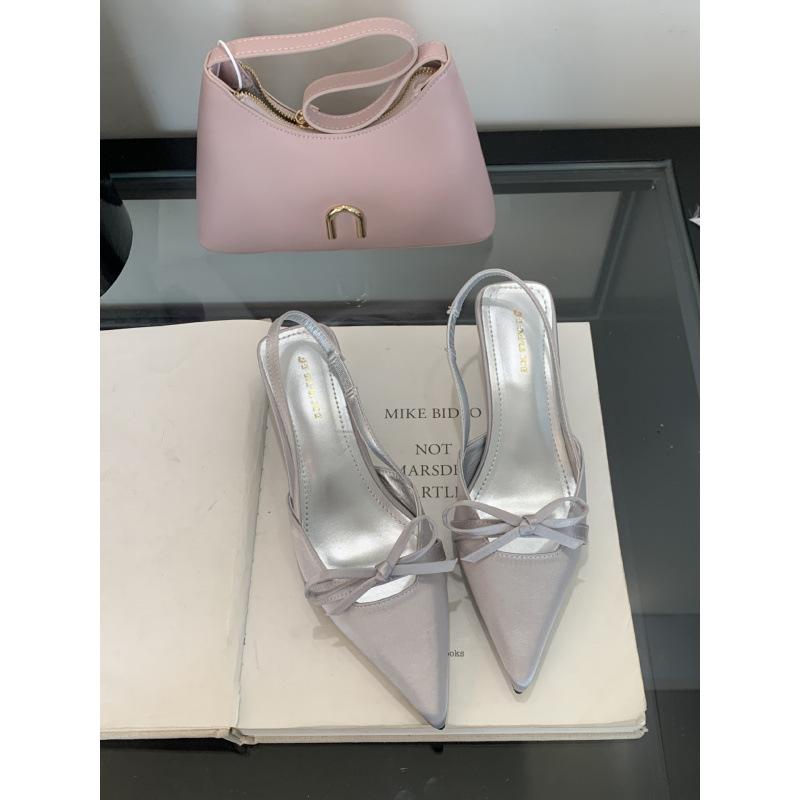 2025 Spring and Autumn High Heels Four Seasons Shoes Korean Version Pointed Head Bow Satin Baotou Sandals Hollow Single Shoes Women
