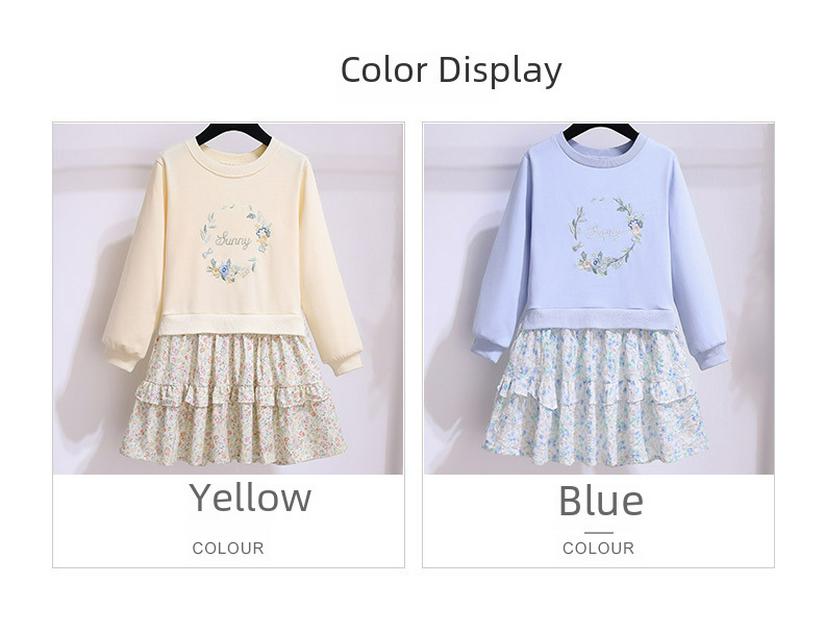 Dívčí svetrové šaty s květinovým prošíváním - Dlouhý rukáv, dvoudílný vzhled pro jaro a podzim