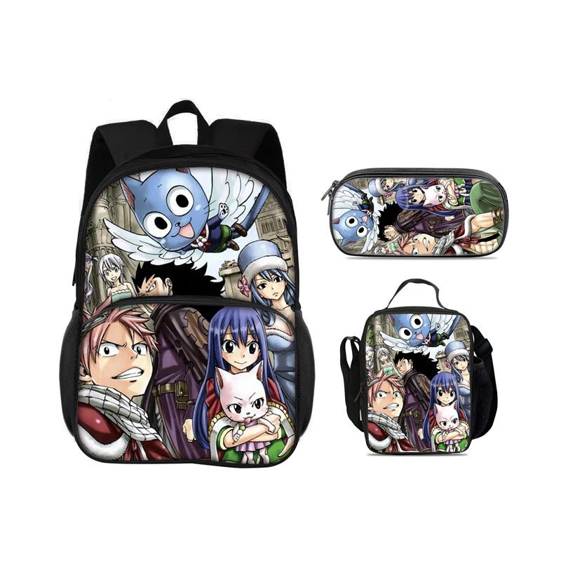 FAIRY TAIL Round Front Bag Backpack Pen Bag Ice Bag 3Pcs Set Cartoon Anime Printed Student Boys and Girls New Versatile
