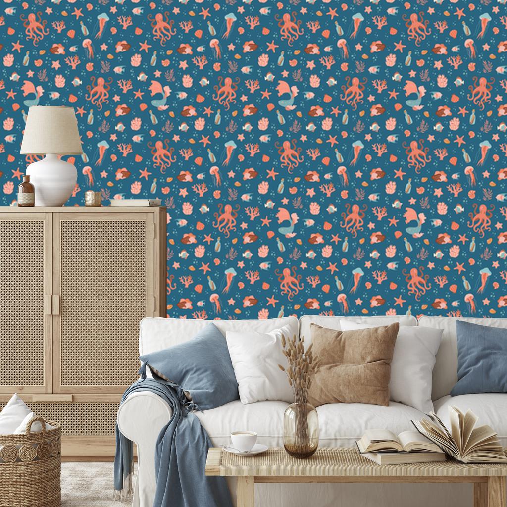 Wallpaper Sea Animals Blue and Turquoise for Living Room and Bedroom 50x1000