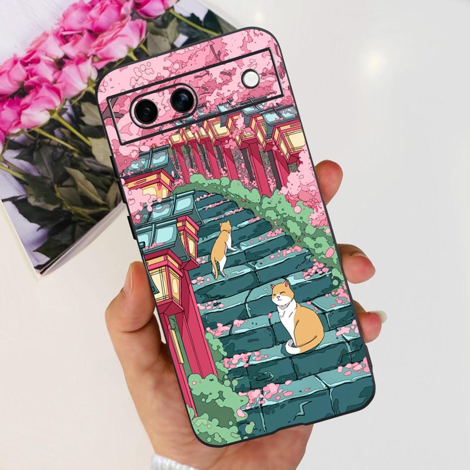 Black Matte Silicone Back Cover For Google Pixel 8A Painting Case Cartoon Lovely Cat Butterfly Flower Bumper Google 8A Soft Etui