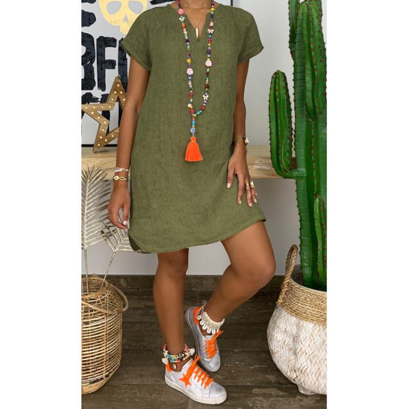 Summer Loose Short Sleeve V-neck Short Dress Women Plus Size Fashion Elegant Thin Party Casual A-line Dress Female Simple Solid Color Women's Clothing