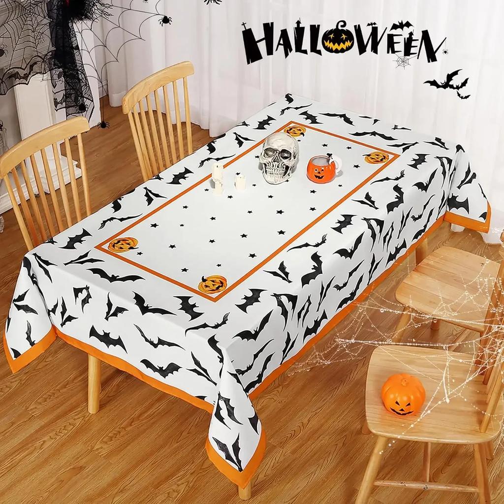 Rectangle Halloween Bats Scary White Orange Tablecloth Holiday Party Decor Reusable Waterproof Tablecloth Halloween Decorations