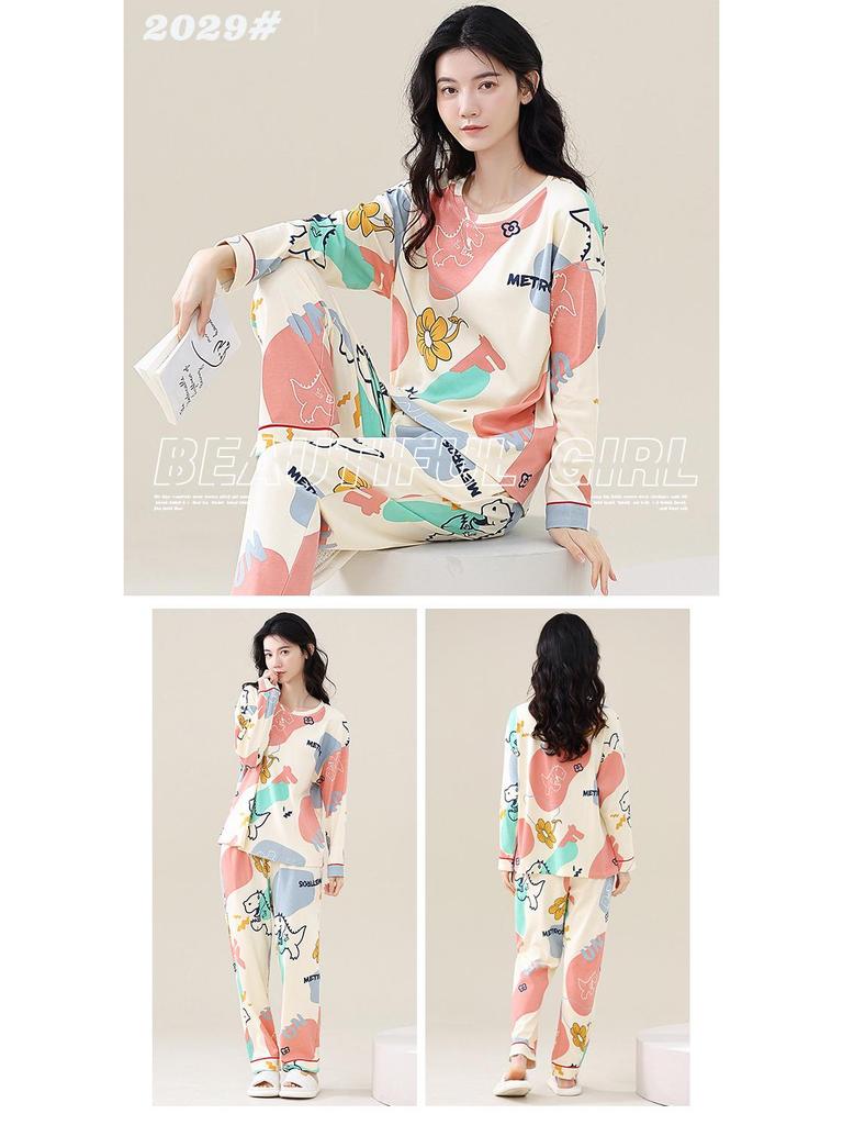 Women's Korean-Style Pure Cotton Printed Long Sleeve Pajama Set for Autumn/Spring