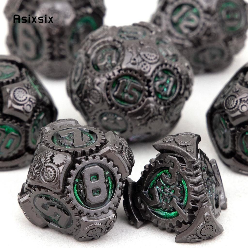 7 Pcs Green Black Gear Wheel Metal Dice Solid Metal Polyhedral Dice Set Suitable for Role-Playing RPG  Board Game Card Game