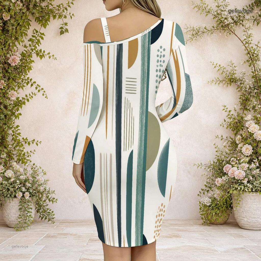 Women S Plus Size Chain Strap Cold Shoulder Long Sleeve Printed Asymmetrical Bodycon Dress