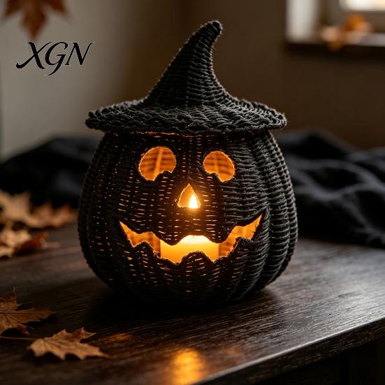 Seasonal Home Display Handwoven Pumpkin Basket with Witch Hat Lid, Rustic Wicker Trick Gothic Table Centerpiece or Treat Bucket for Indoor Outdoor