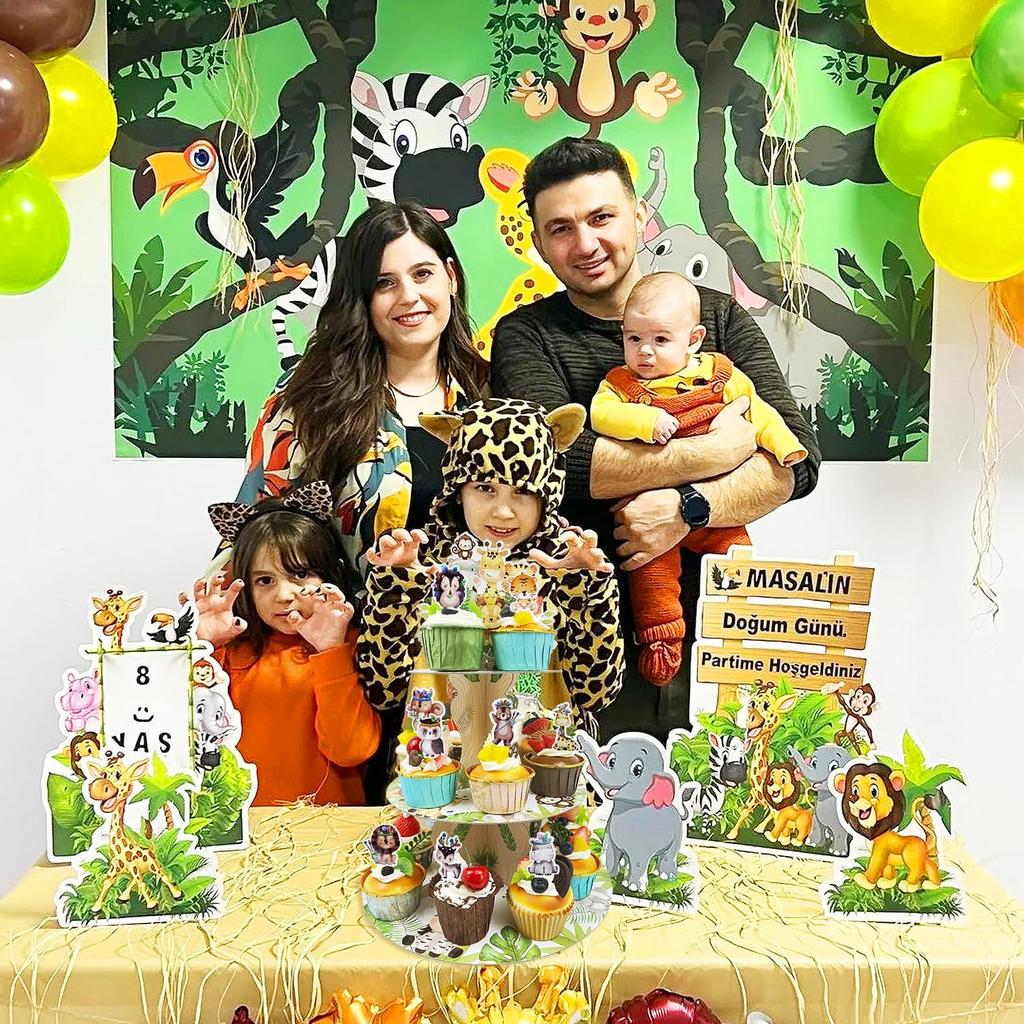 3-Tier Cupcake Stand with 24 Wild One Cupcake Toppers for Safari Baby Shower Decoration