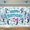 Fondo de Feliz Cumpleaños de Pingüino Lindo 2D, Pancarta Decorativa para Fiesta Invernal de Nieve