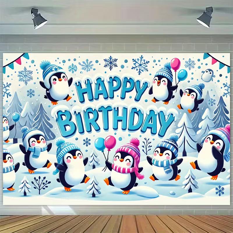 Fondo de Feliz Cumpleaños de Pingüino Lindo 2D, Pancarta Decorativa para Fiesta Invernal de Nieve