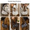 Casual Floral Print Shoulder Bag Pleated Ruffled Handle Bow Armpit Bag Canvas Drawstring Underarm Bag