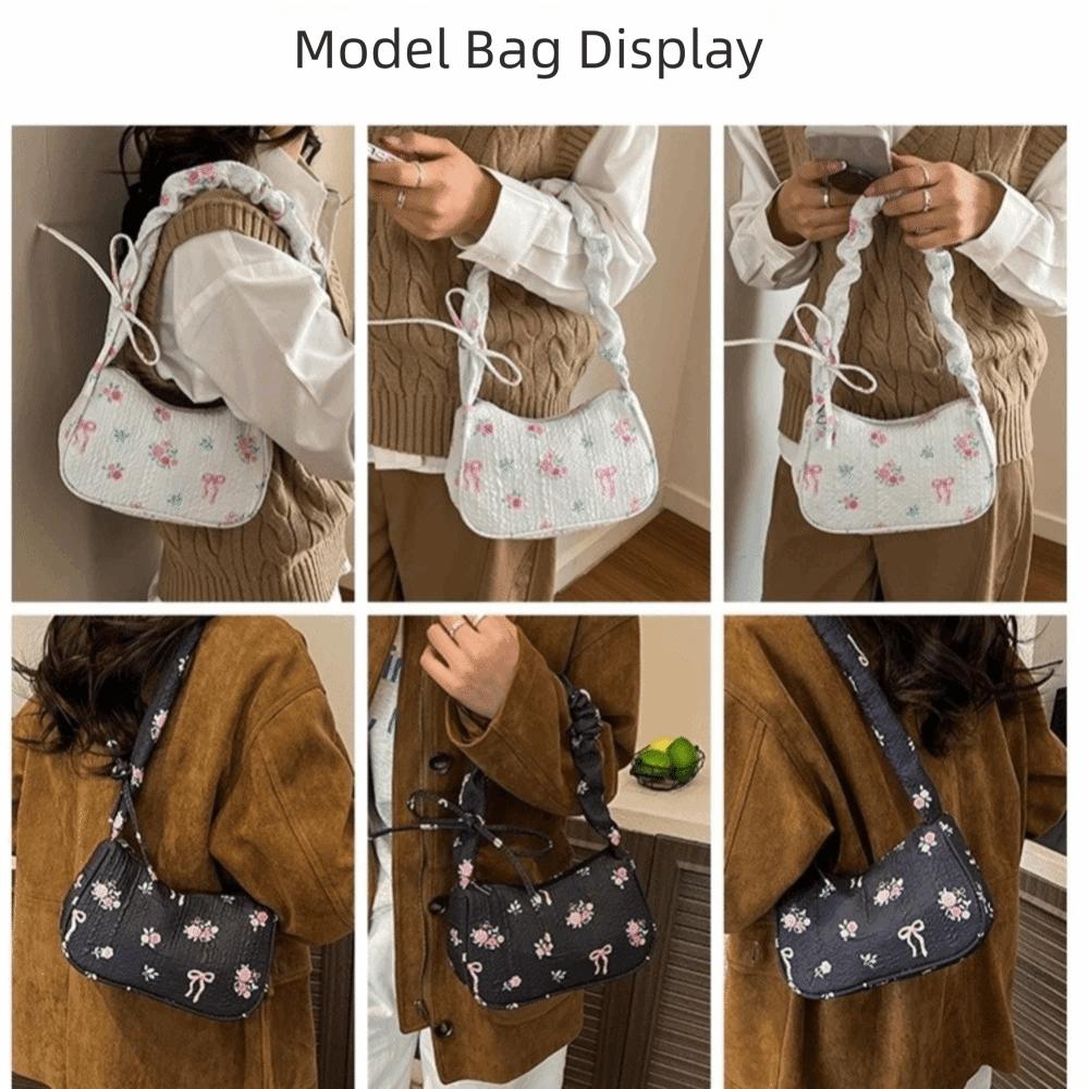 Casual Floral Print Shoulder Bag Pleated Ruffled Handle Bow Armpit Bag Canvas Drawstring Underarm Bag