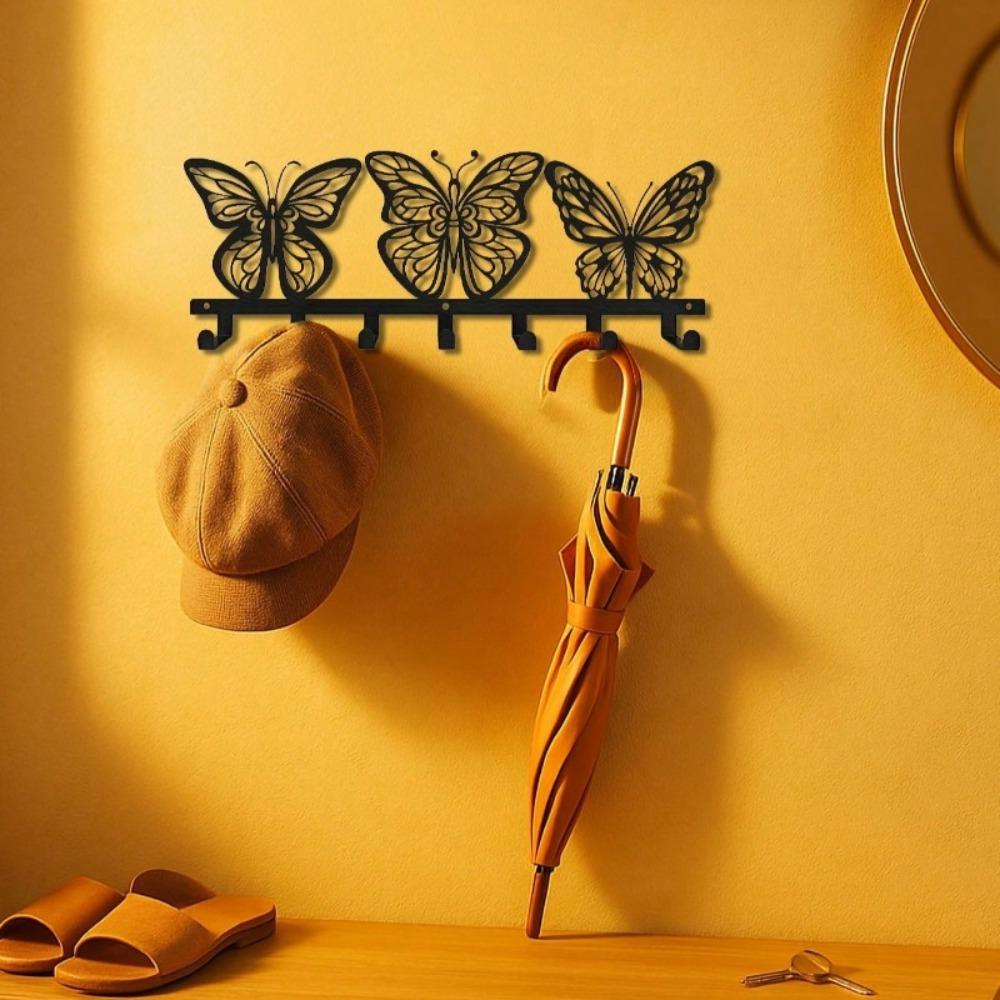 Modern Butterfly Wall Mount Key Holder 7 Hooks Space Saving Black Metal Key Organizer