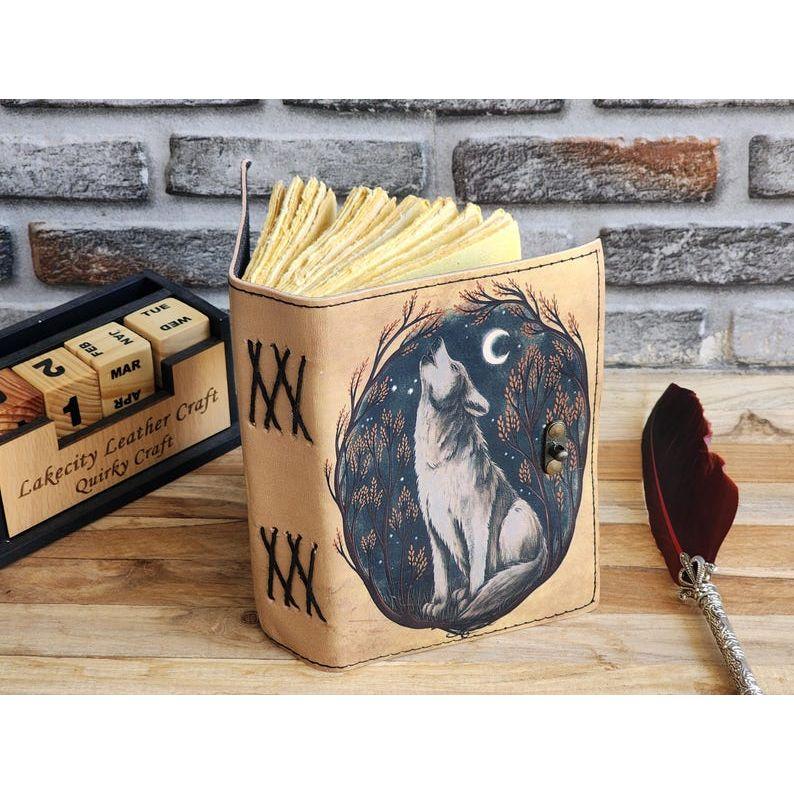 Trible Wolf Leather Printed Notebook ! Grimoire Journal Travel Notebook ! Spell Notebook Gift for Him Book Of Shadows ! Recipe Notebook