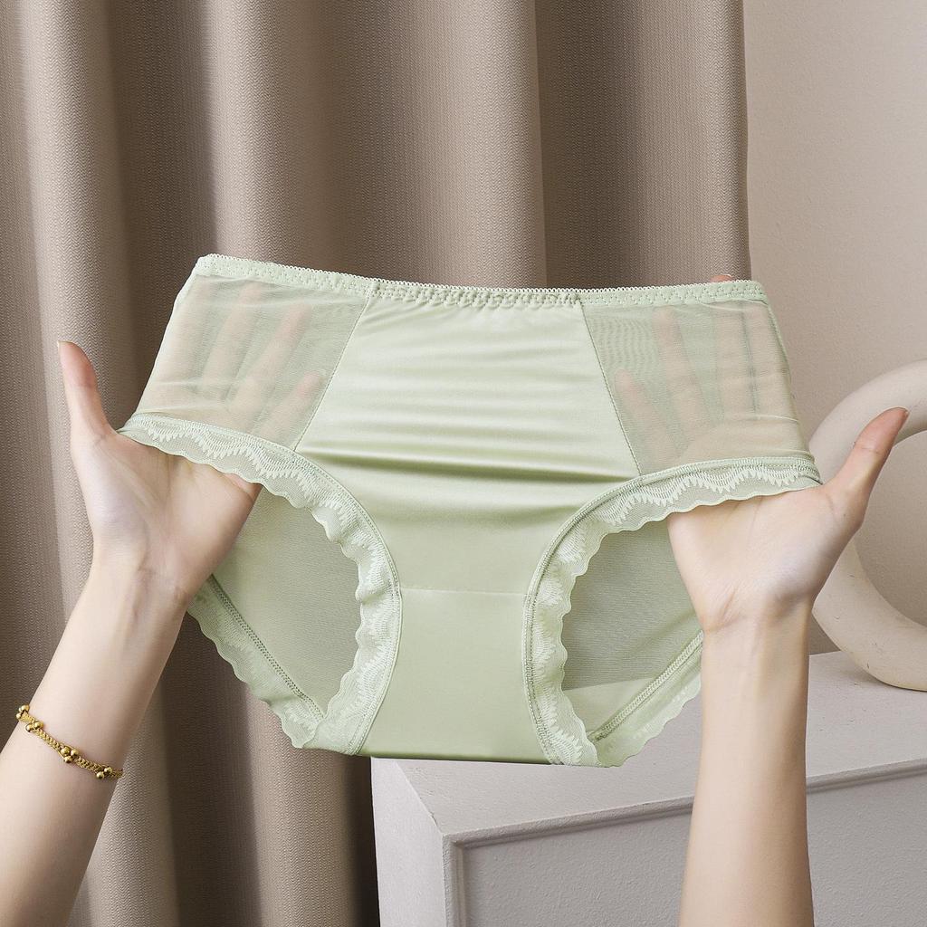 Women's Mid-Waist Ice Silk Lace Underwear - Summer Mesh Satin, Sexy Solid Color with Cotton Crotch
