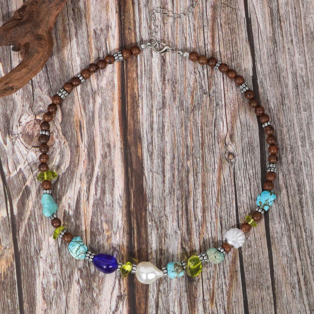 BLINGBAY Kadın Boncuklu Kolye Bohem Retro Etnik Turkuaz El Yapımı Boncuklu Ahşap Boncuklar Düzensiz Kolye Kız Doğum Günü Hediyesi