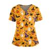 Women's V Neck Short Sleeve Medical Scrub Top with Double Pockets Side Slit Hem Halloween Print Nurse Uniform Shirt