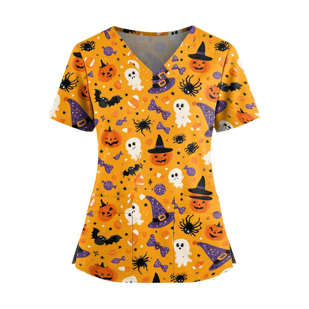 Women's V Neck Short Sleeve Medical Scrub Top with Double Pockets Side Slit Hem Halloween Print Nurse Uniform Shirt