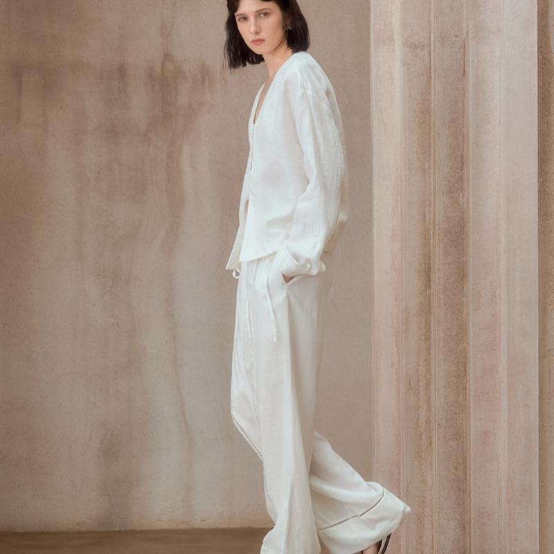 Women Linen Blend Wide Leg Pants, Lace Hollow Out, Loose Fit, Adjustable Drawstring Waist, Summer Casual Trousers