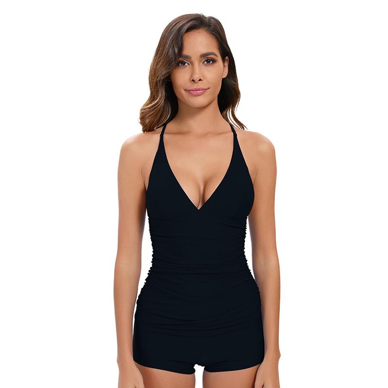 

Solid Color Split Swimsuit Women s Sexy Backless Swimsuit High Waist Boxer Gini S чорний