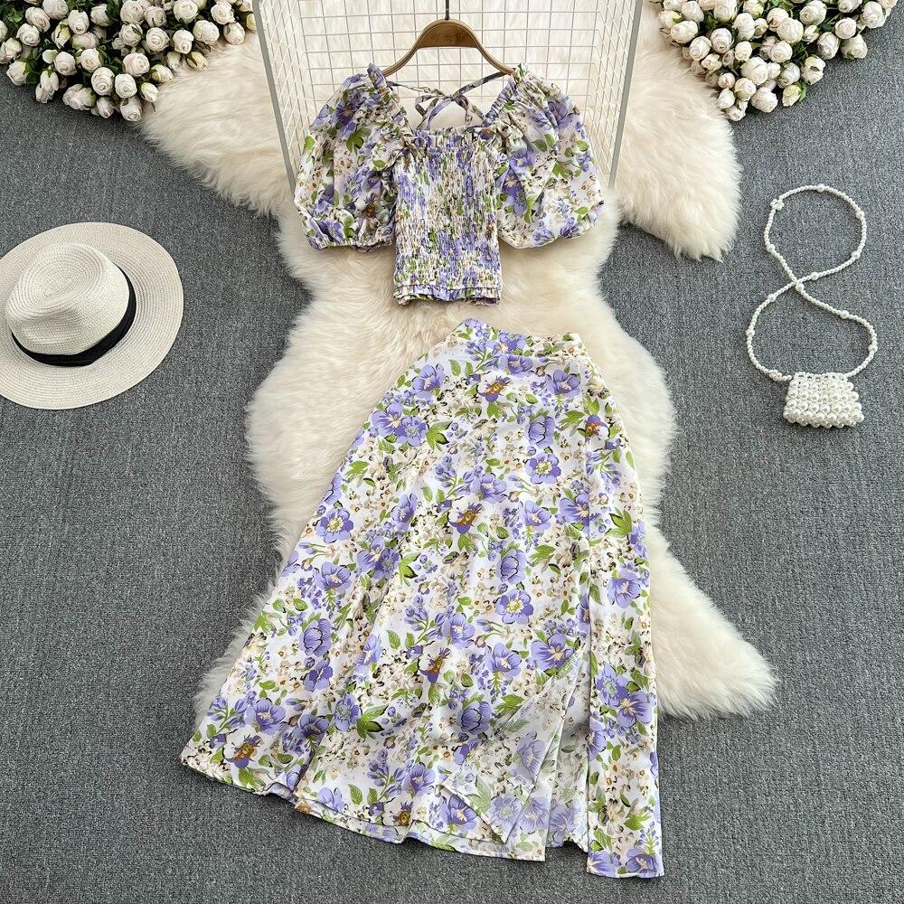 Seaside Holiday Suit Women's Neck Slim Short Top Two Piece Set High Waist Floral Split Skirt Summer New