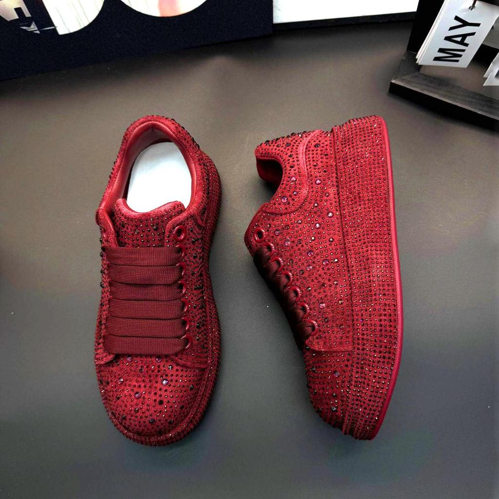 Luxury Designer Men's and Women's Red and Black Rhinestone Thick-soled Shoes, Casual Flat Shoes, Moser Shoes, Men's Sports Shoes