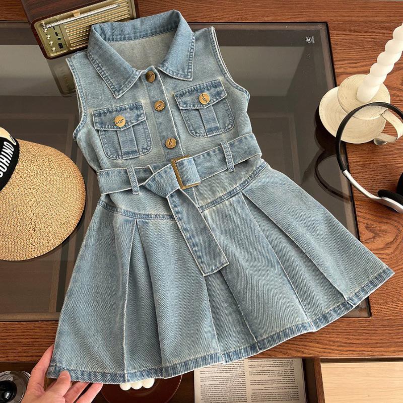 

Summer Girls Denim Dress Belt Decoration Lapel Collar Sleeveless Tutu Princess Dress for 2 -10 Years Kids Dress 150 синій