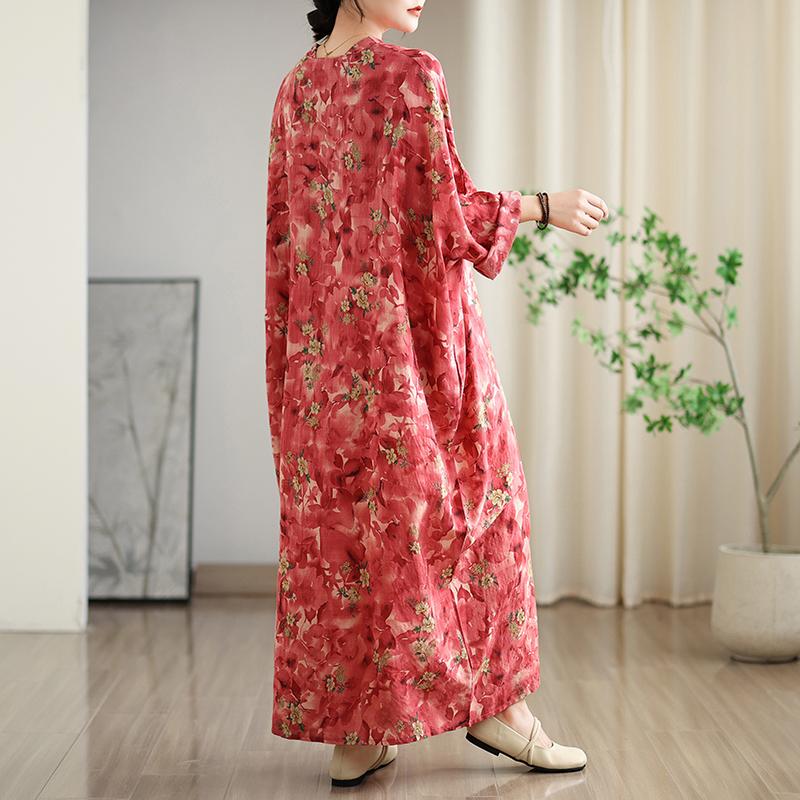 Dimanaf 2025 Women Plus Size Spring Long Basic Dress V-Neck Casual Vintage Dress Loose Floral Dress Maxi