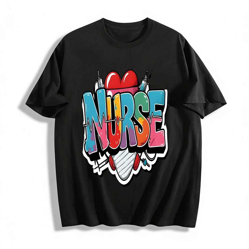 Graffiti Style Nurse Themed Graphic Casual Top Pure cotton T-shirt XXS