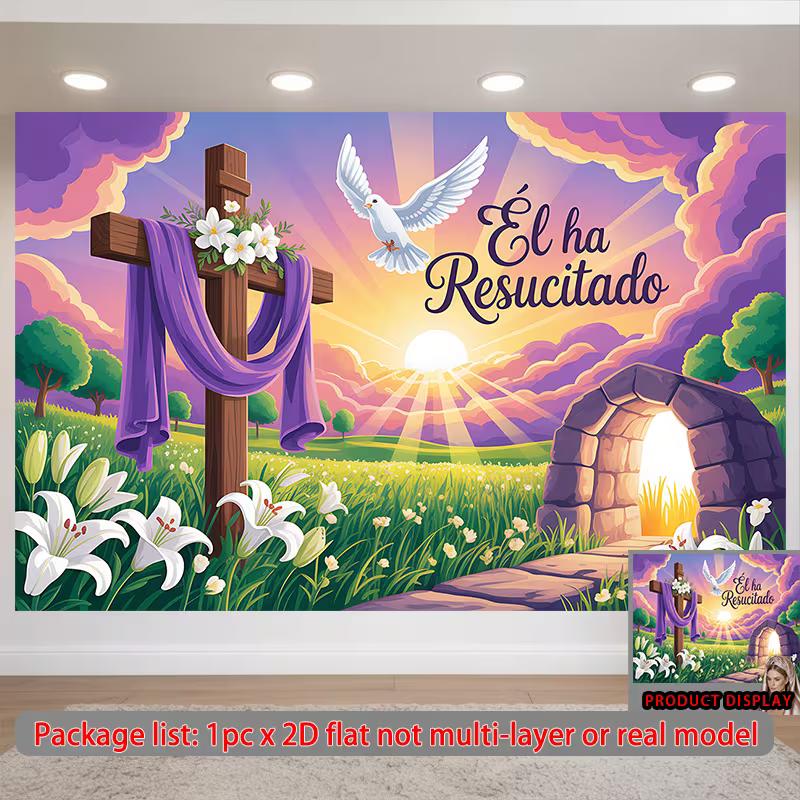 2D Spanish He Is Risen Easter Backdrop Cloth Cross & Empty Tomb Party Banner 47.2x31.5inch/120*80cm