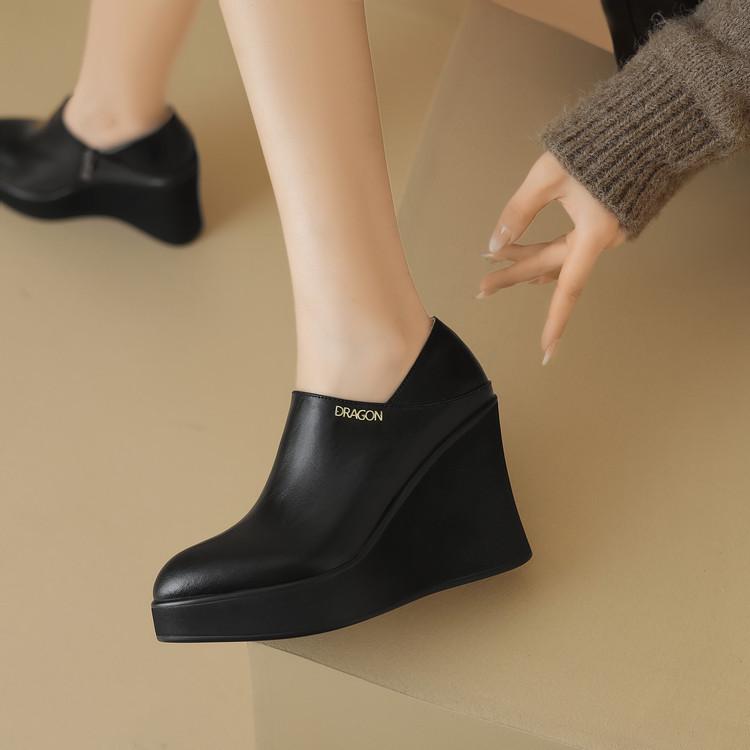 10Cm Wedge Heel Women's Leather Super High Heel Single Shoes 2025 Spring and Autumn New Side Zipper Small Leather Shoes Small Women's Shoes