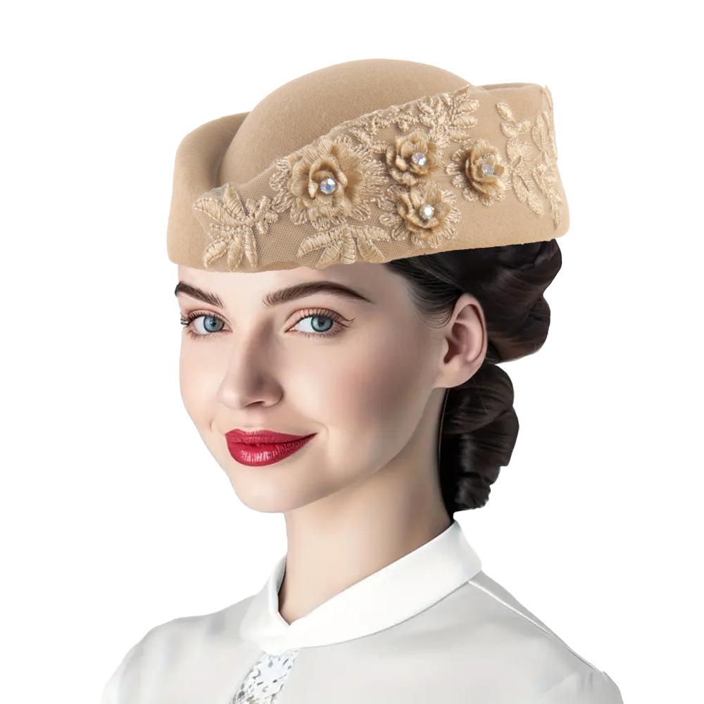 Felt Turban Hat Vintage Rhinestone Flower Church Beret Hats Women Stewardess Party Cosplay Cap Costume Accessory